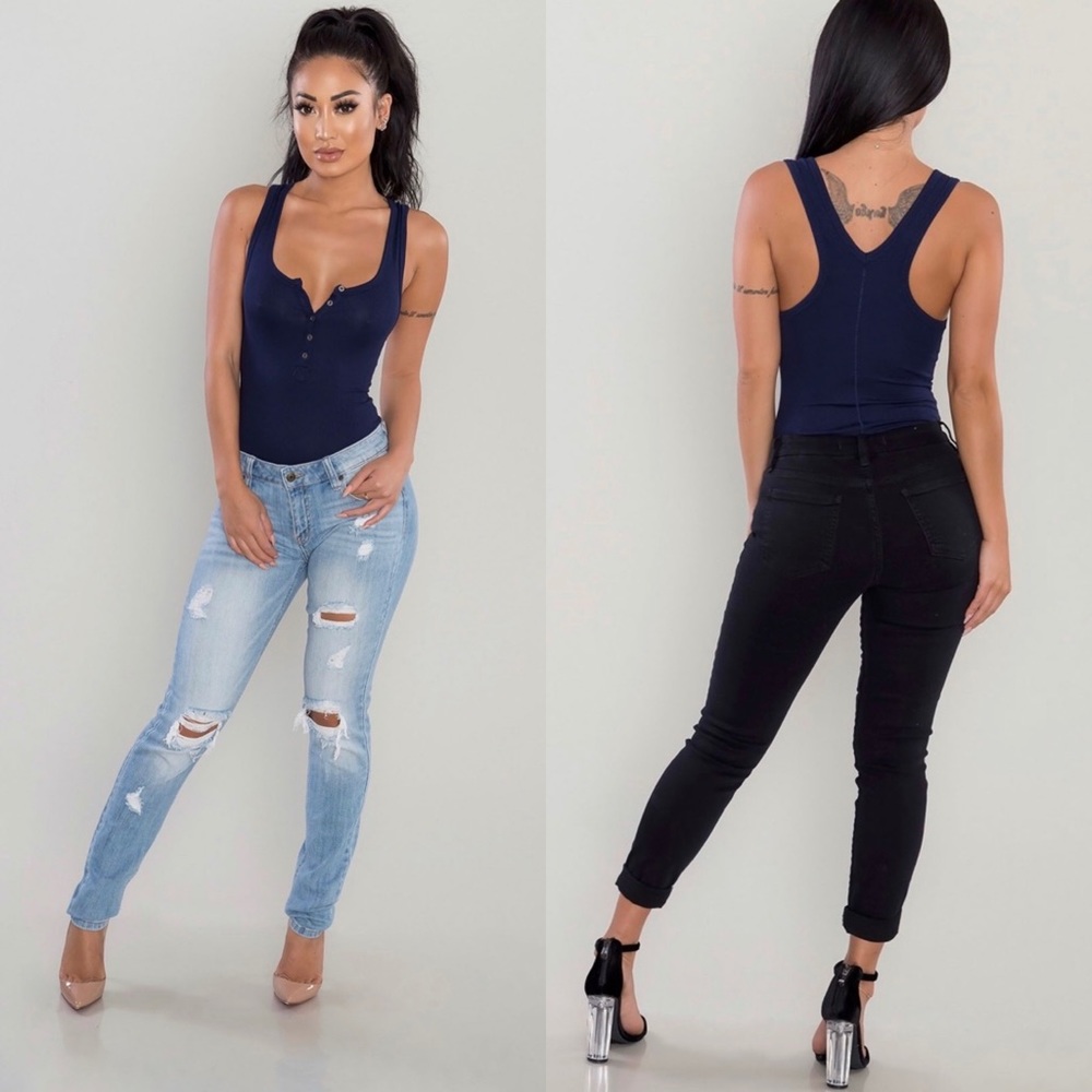 Poshshop Henley Navy Bodysuit S